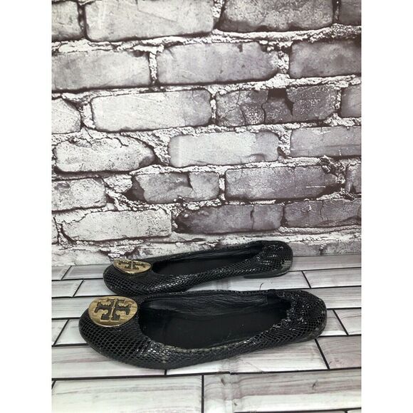 Tory Burch Reva Gold Logo Black Leather Snake Skin Ballet Flats Women Sz 7.5M US - Picture 1 of 16